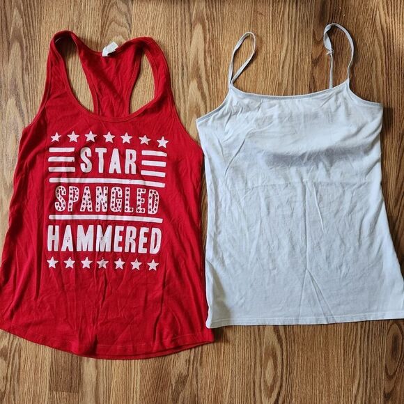 2 Tank Tops Size Large Red Racerback White Cami Top Self Bra - Picture 1 of 9